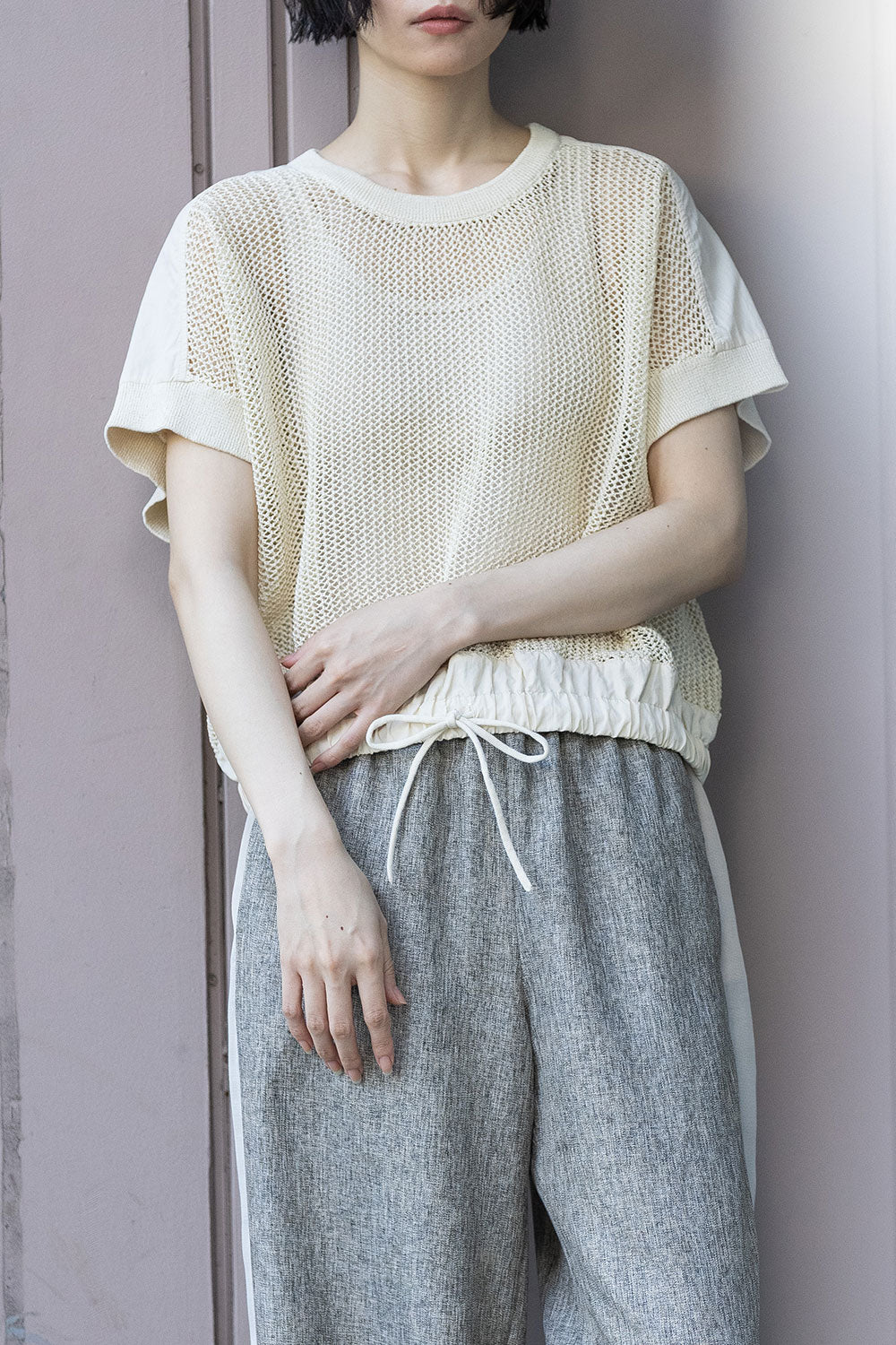 Munich スカシ編みニット×タフタドッキングショートプルオーバー【MN261K05】