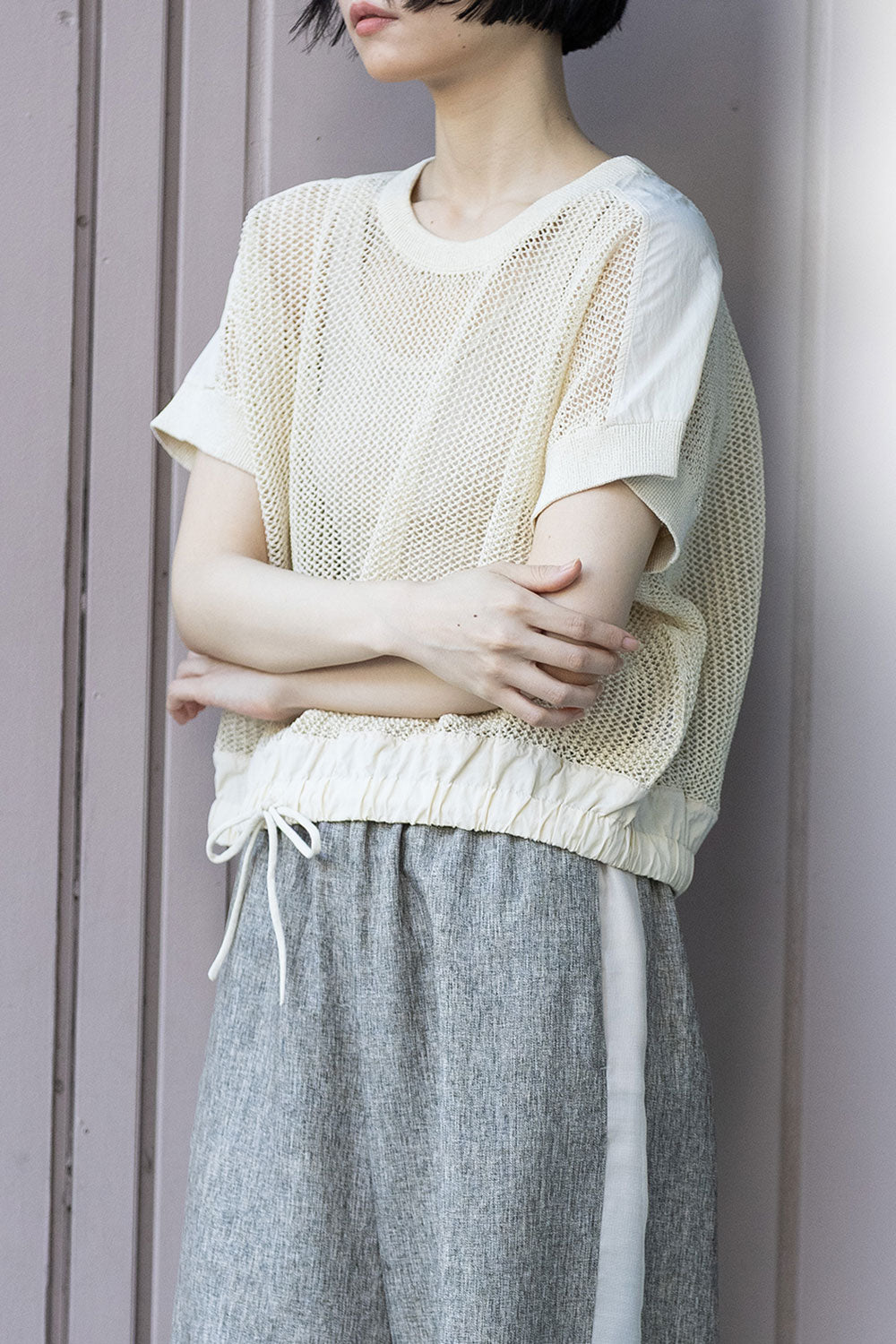 Munich スカシ編みニット×タフタドッキングショートプルオーバー【MN261K05】