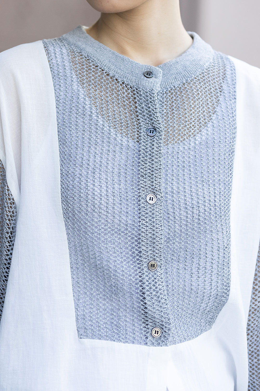 Munich スカシ編みニット×コットンボイルドッキングシャツ【MN261K04】