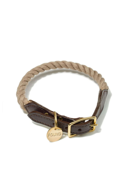 FOUND MY ANIMAL ROPE & LEATHER CAT & DOG COLLAR - DARK TAN